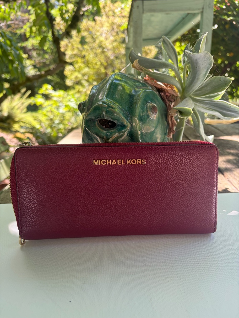 Michael Kors Wine Red Pebbled Leather Zip Wallet